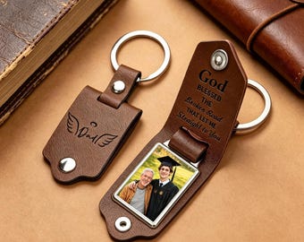 Personalized Keychain with Photo,Custom Memorial Keyring,Leather KeyChain for Him, In Memory of Dad,Loss of Loved One Gift