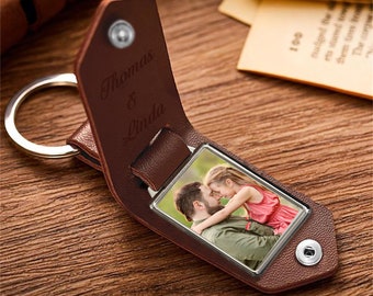 Mens Leather Keychain with Photo,Engraved Key Chain,Keychain for Him,Gift for Him,Anniversary Gifts,Christmas Gift for Him