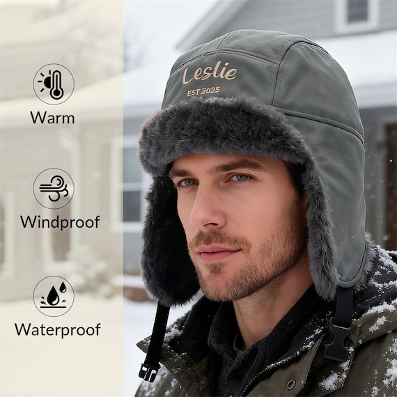 Personalized PU Leather Trapper Hat,custom Embroider Name 