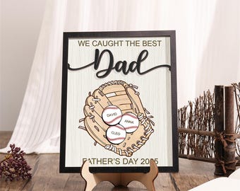 Personalized We Caught The Best Dad Standing Wooden Plaque With Stand,Custom Kid's Name Baseball Sign, Gifts for Dad,Father's Day Gifts