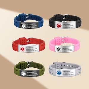 May include: Set of six silicone medical alert bracelets in blue, black, red, pink, green, and gray. Each bracelet has a silver metal plate with the text "Type 2 Diabetes", "ICD MOM 123 456 7890", and "ICD DAD 123 456 789093".