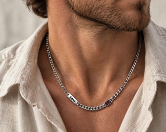 Personalized Birthstone Name Necklace, Engraved Jewelry, Mens Necklace With Kids Names, Anniversary Gift for Him Husband Dad, Xmas Gifts