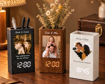 Personalized Photo Clock Pen Holder | Custom Wooden LED Desk Clock with Temperature, Date, Alarm & Voice Control | Romantic Couple Gifts