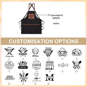 May include: Black apron with brown leather accents and pockets. The apron features customizable initials and name options. The image also displays various customization options, including logos and text for personalization.