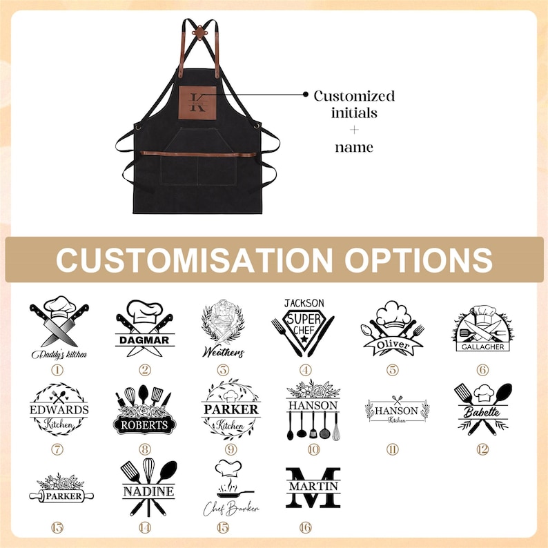 May include: Black apron with brown leather accents and pockets. The apron features customizable initials and name options. The image also displays various customization options, including logos and text for personalization.