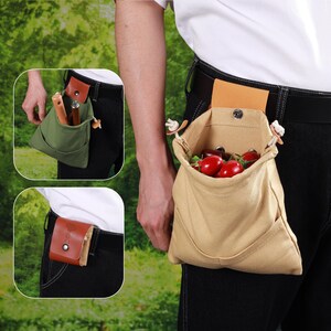 May include: A tan canvas foraging pouch with a leather belt loop, shown worn on a person's waist. The pouch is open, filled with red produce. Two smaller images show a green pouch and a brown leather pouch.