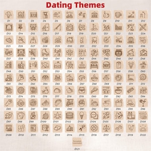Pu&ograve; includere: Una griglia di 121 piccole illustrazioni quadrate, ognuna con un'icona unica che rappresenta un tema di appuntamenti diverso, come sport, cibo e hobby. Il testo "Dating Themes" &egrave; in alto.