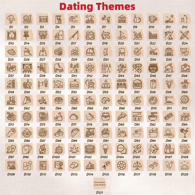Pu&ograve; includere: Una griglia di 121 piccole illustrazioni quadrate, ognuna con un'icona unica che rappresenta un tema di appuntamenti diverso, come sport, cibo e hobby. Il testo "Dating Themes" &egrave; in alto.