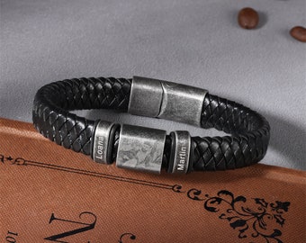 Men’s Personalised Leather Bracelet,Leather Picture Bracelet,Custom Family Name Bracelet,Father's Day Gift for Dad Grandpa Husband