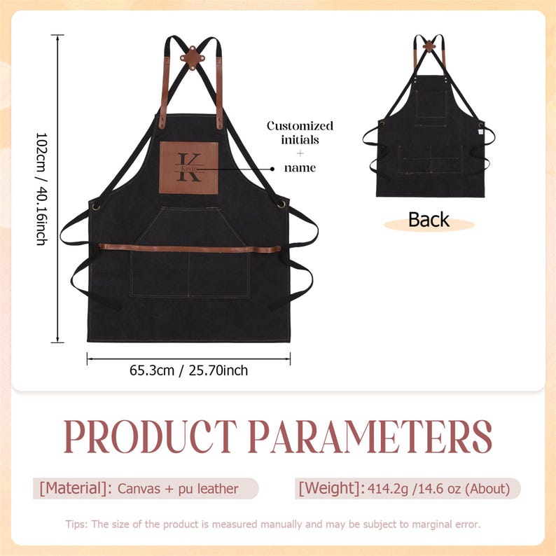 May include: Black canvas apron with brown leather accents, measuring 40.16 inches in height and 25.70 inches in width. Features a front pocket and a leather patch for initials. The back view is also shown.