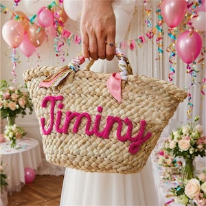 Personalized Bridesmaid Beach Bag,Custom Straw HandBag,Bridesmaid Gifts Basket,Wedding Party Gifts,Bridal Shower Favor,Summer Wedding Gift