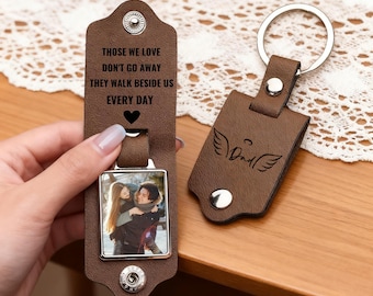 Personalized Keychain with Photo,Custom Memorial Keyring,Leather KeyChain for Him, In Memory of Dad,Loss of Loved One Gift