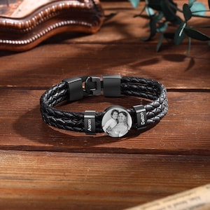 Personalized photo men&#39;s bracelet with name and picture, leather bracelet, beaded bracelet, gift for father, gift for husband, birthday gift