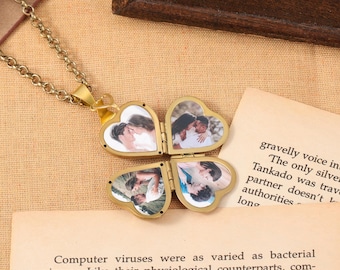 Collar con medallón de foto de corazón personalizado - Collar con medallón de corazón con 4 fotos - Collar con medallón abierto giratorio - Regalo de Navidad - Regalo para ella
