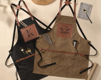 Gepersonaliseerde canvas schort, leren workshop schort, barbecue/kookschort met naam en zak, chef-kok schort, chef-kok papa cadeau voor hem, jubileumcadeau
