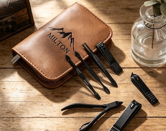 Custom Name Leather Men's Manicure Kit, 26 Piece Travel Nail Kit, Gift for Dad, Husband, Grandpa