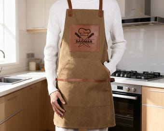 Werkschort heren, gepersonaliseerde canvasschort, workshop met naam en zak, koksschort, barbecueschort, barmanschort, papacadeaus, jubileumcadeau