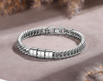 Custom Men's Silver Beads Bracelet,Custom Silver Bracelet For Dad With Kids Nam,Engraved Jewelry For Men,Husband Gift,Fathers Day Gifts