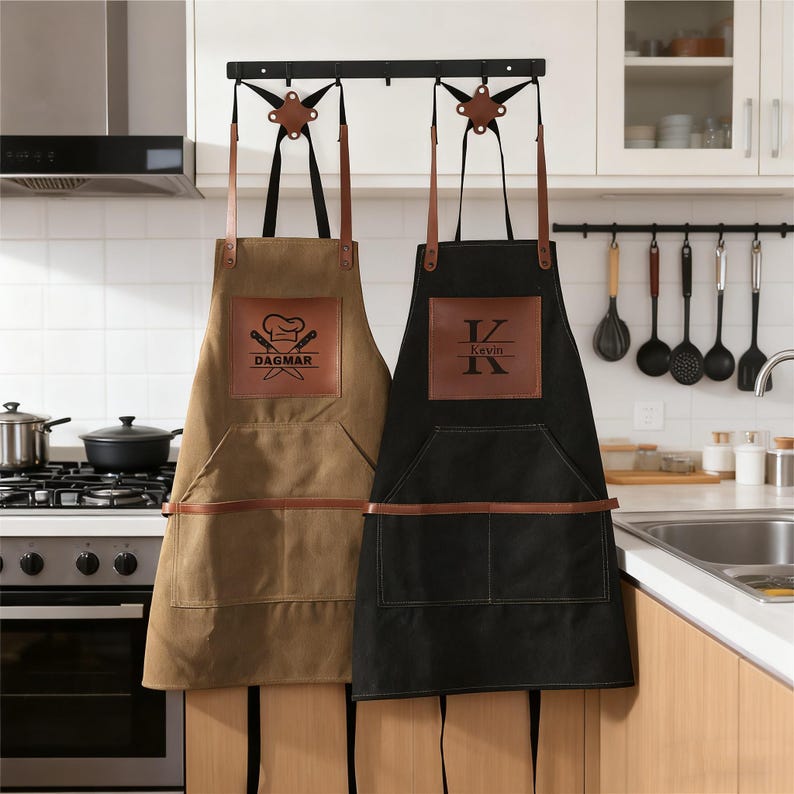 May include: Two aprons hang in a kitchen. One is tan with a brown leather pocket and the name "Dagmar" printed on it. The other is black with a brown leather pocket and the name "Kevin" printed on it. Both have brown leather straps.