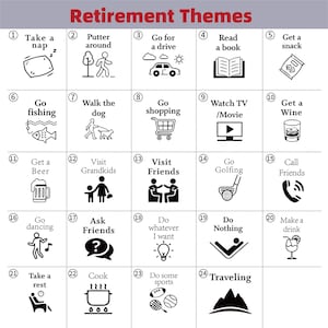 Pu&ograve; includere: Grafica in bianco e nero che illustra 24 temi della pensione, tra cui "Fare un pisolino", "Fare shopping" e "Viaggiare". Il titolo "Temi della pensione" &egrave; in rosso in alto. Ogni tema &egrave; rappresentato da un'icona semplice.