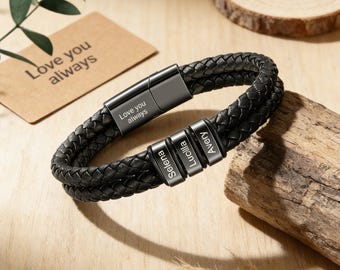 Personalized Name Bracelet for Men, Custom 2-6 Names Leather Bracelet, Dad Bracelet with Kids Names, Father’s Day Gift, Gift for Him