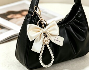 Custom Bag Charm with nameCharms,Personalized Pearl Bow Keychain,Stylish Accessory for Handbags&Keys,Gift for Women