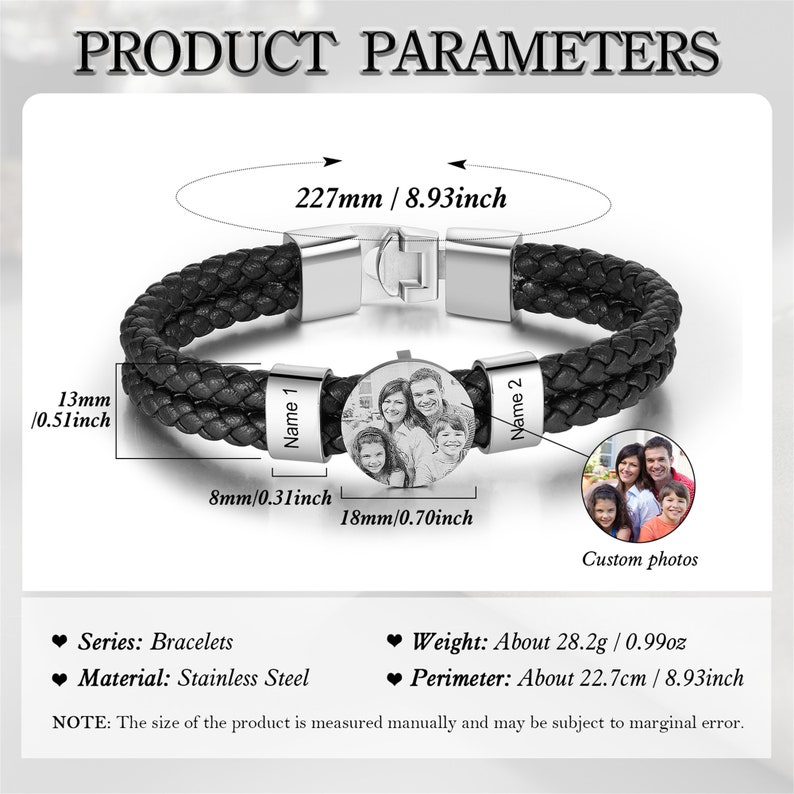 Bracciale in pelle da uomo con foto personalizzato,bracciale commemorativo,bracciale personalizzato con nome di famiglia,regali di anniversario,regalo per lui/lei,regalo per mamma/papà immagine 3