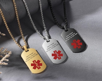 Custom Medical Alert Necklace- Engraved Medical ID Tags - Multiple Chain  and Fonts Available - Unisex - Emergency Medical Necklace