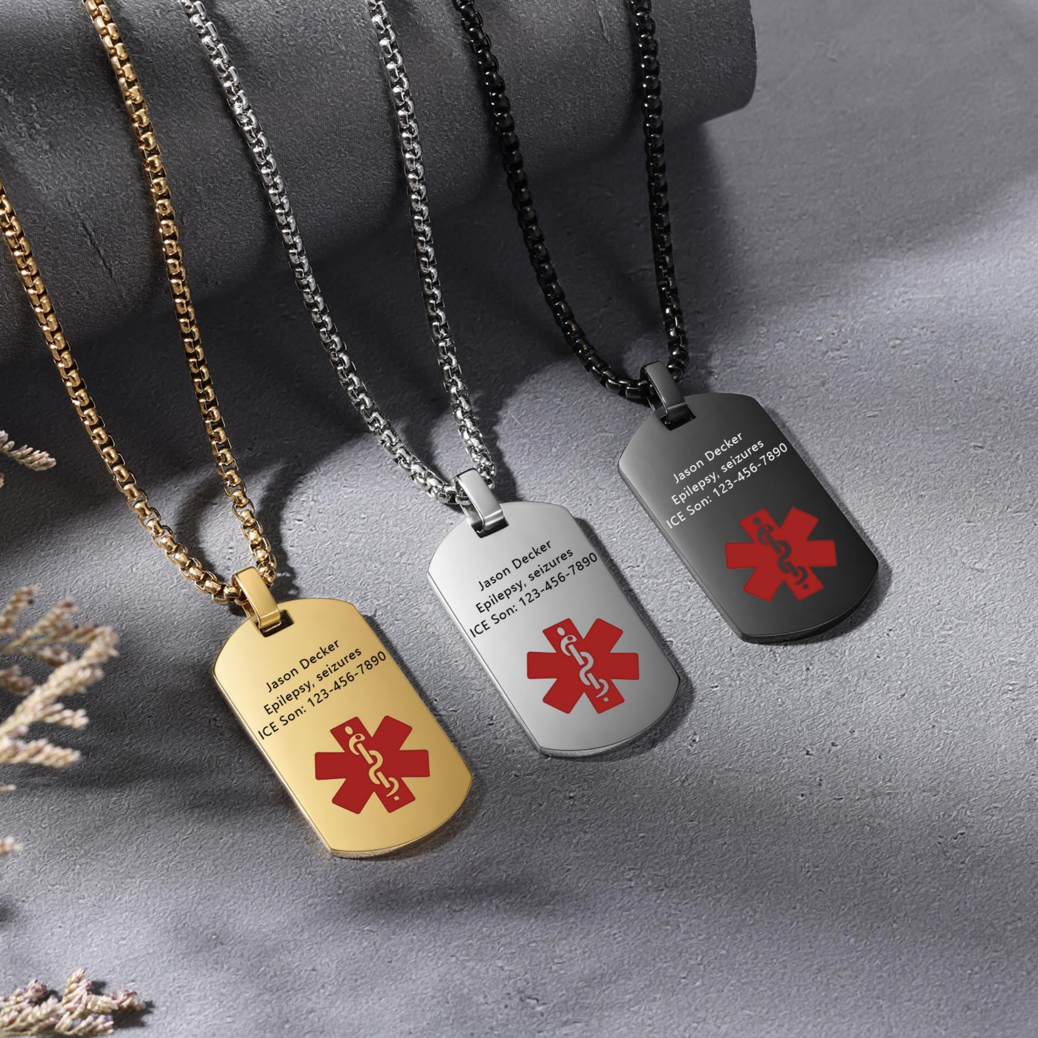 Custom Medical Alert Necklace- Engraved Medical ID Tags - Multiple