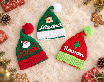 Personalized Christmas Hat with Name, Knit Elf Hat with Pom Pom, Knitted Holiday Hat,Family Christmas Party