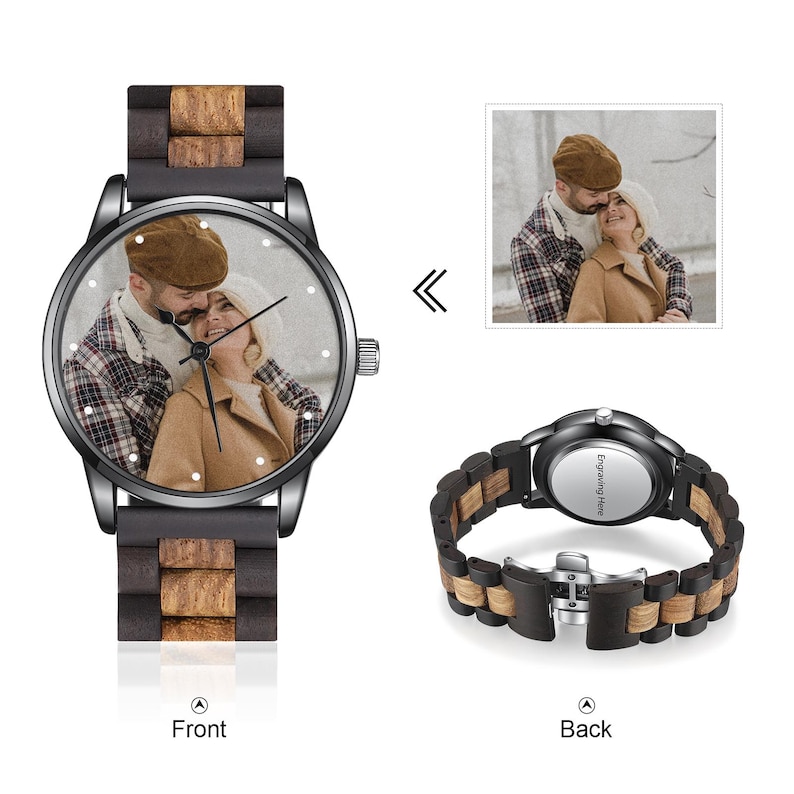 May include: A wristwatch with a dark metal case and a band featuring alternating dark and light wood links. The watch face displays a black and white photograph of a couple. The back of the watch case is silver and features the text Engraving Here.