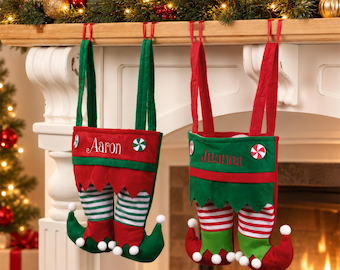 Personalized Elf Christmas Stocking, Elf Pants Christmas Stocking,Custom Family Embroidered Holiday Stocking,Red Green Holiday Mantel Decor
