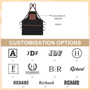 May include: Black apron with brown leather accents and pockets. The apron features a leather patch for customized initials and name. The image also shows customization options with various fonts and initial designs.
