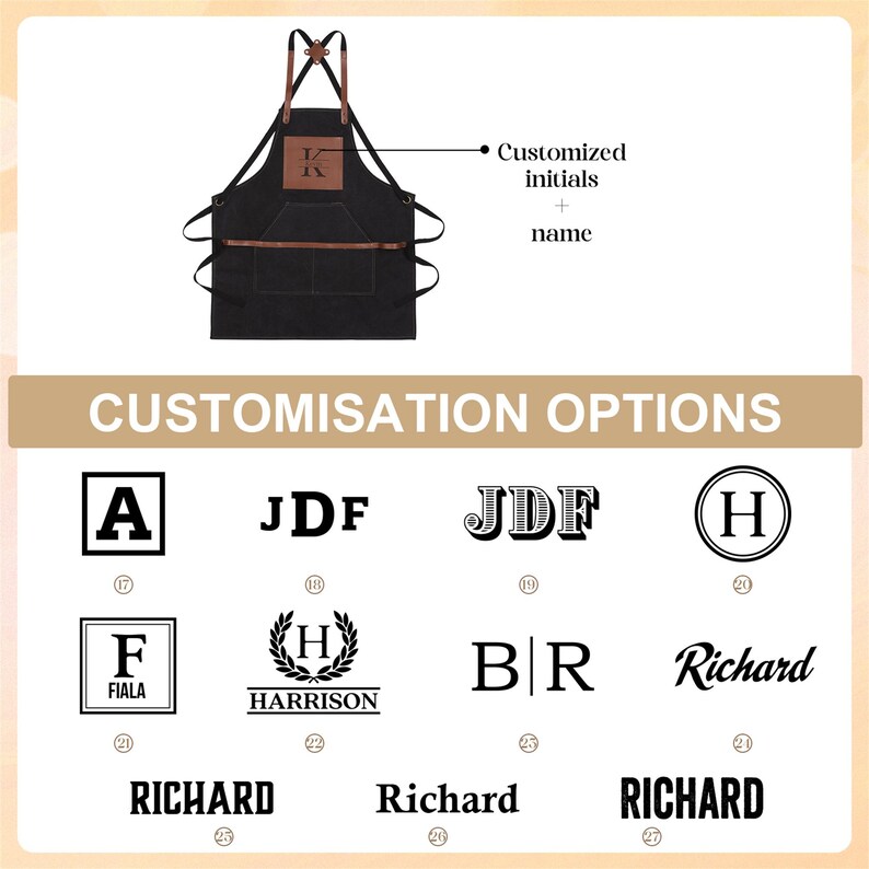 May include: Black apron with brown leather accents and pockets. The apron features a leather patch for customized initials and name. The image also shows customization options with various fonts and initial designs.