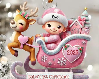 Baby on the Sleigh Ornament,Personalized Baby First Christmas Ornament,2D Acrylic Christmas Tree Decoration,Christmas Gifts for New Parents