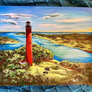 Dipinto originale a mano del faro di Jupiter, dipinto acrilico, dipinto del faro, dipinto personalizzato, regalo, Jupiter Florida, arte murale