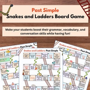 Könnte beinhalten: Ein druckbares Brettspiel für Kinder, um die Grammatik der Vergangenheitsform zu lernen. Das Spiel heißt "Snakes and Ladders: Past Simple" und verfügt über ein farbenfrohes Spielbrett mit Schlangen und Leitern. Das Spiel soll Kindern helfen, die Verwendung der Vergangenheitsform von Verben zu lernen.