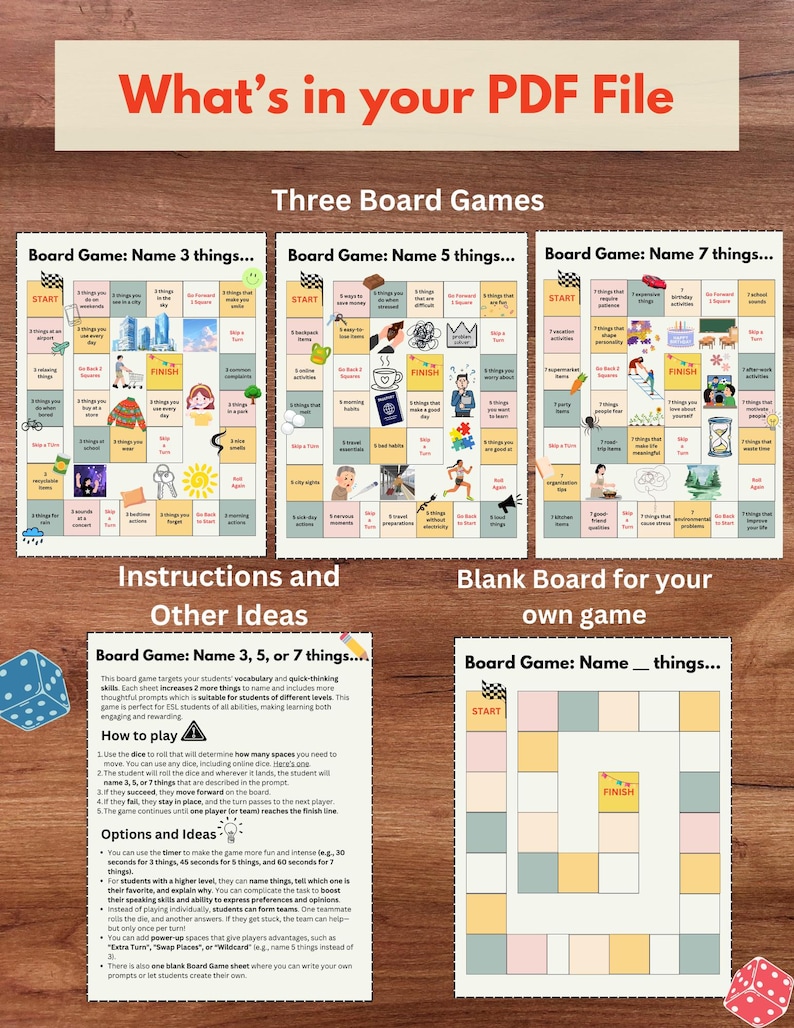 2nd Edition ESL Vocabulary Speaking Game A1-C2 | Name 3, 5, 7 Things ...