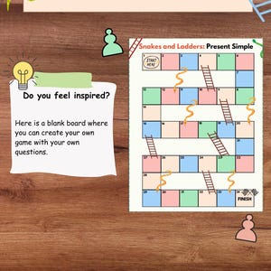 May include: A colorful game board with a snake and ladder theme. The board is divided into squares with numbers 1 through 34. The game is called "Snakes and Ladders: Present Simple".