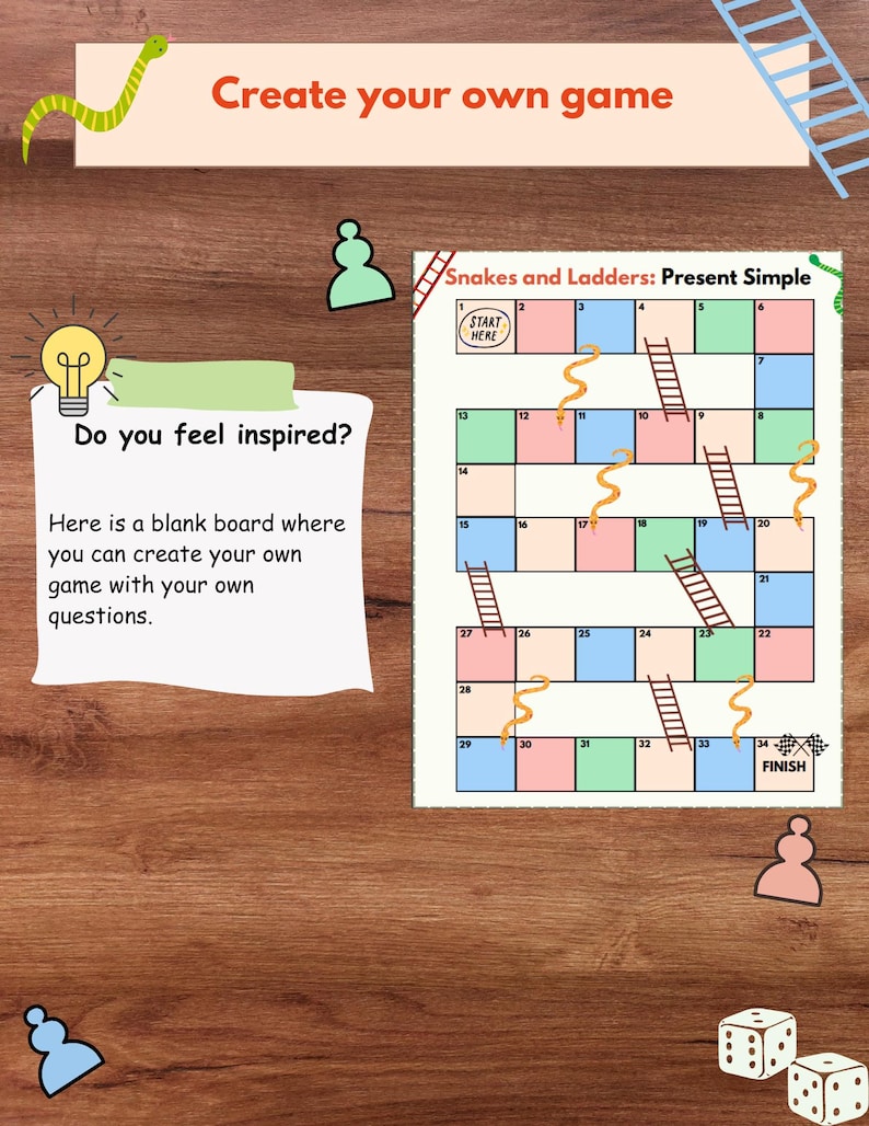 May include: A colorful game board with a snake and ladder theme. The board is divided into squares with numbers 1 through 34. The game is called "Snakes and Ladders: Present Simple".