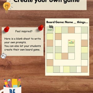May include: A printable board game template with a light brown background. The template has a grid of squares with a start and finish line. The text "Board Game: Name things..." is at the top of the template.