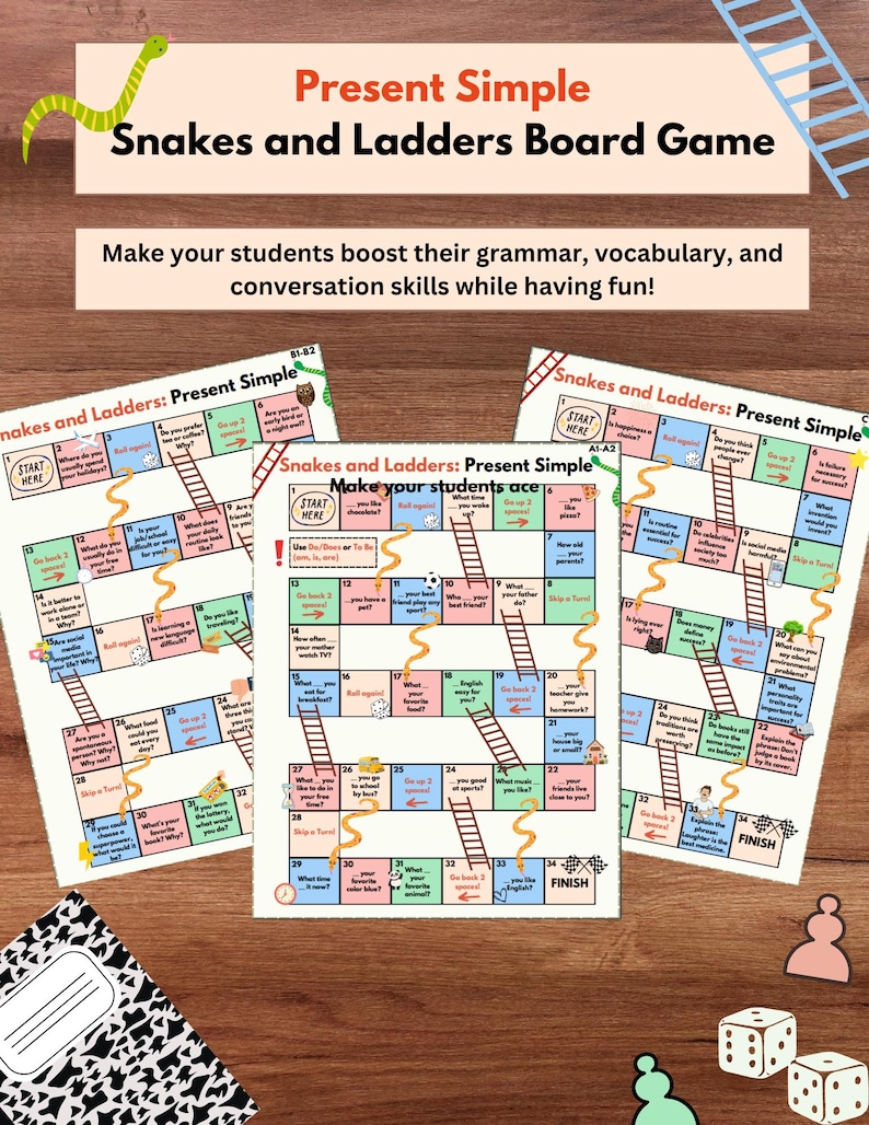 May include: A printable board game for learning English grammar. The game is called "Snakes and Ladders: Present Simple" and features colorful illustrations of snakes and ladders on a game board. The game board is designed to help students learn and practice the present simple tense in English.