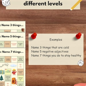 May include: A game board with a colorful design and the text "Suitable for students of different levels". The board is divided into squares with different activities and instructions. The game is designed to help students learn new vocabulary and improve their language skills.