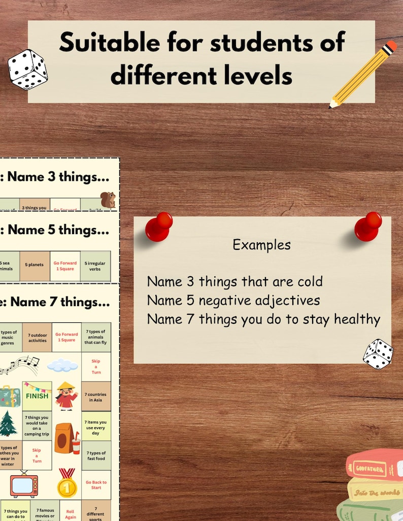 May include: A game board with a colorful design and the text "Suitable for students of different levels". The board is divided into squares with different activities and instructions. The game is designed to help students learn new vocabulary and improve their language skills.