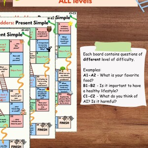 May include: A colorful game board with a ladder design. The board is divided into squares with questions for different levels of English language learners. The questions are labeled A1-A2, B1-B2, and C1-C2. The board is suitable for students of all levels.