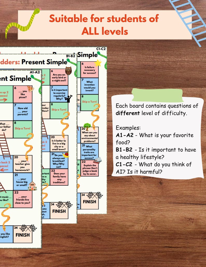 May include: A colorful game board with a ladder design. The board is divided into squares with questions for different levels of English language learners. The questions are labeled A1-A2, B1-B2, and C1-C2. The board is suitable for students of all levels.