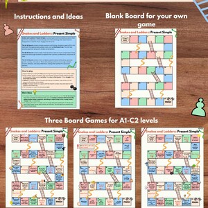 May include: Three printable board games for learning English. Each game features a colorful snakes and ladders board with questions about present simple tense. The games are designed for A1-C2 levels.