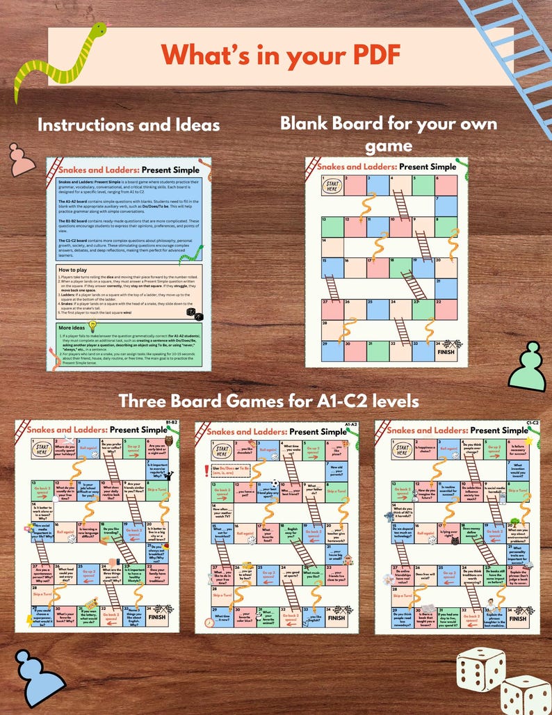 May include: Three printable board games for learning English. Each game features a colorful snakes and ladders board with questions about present simple tense. The games are designed for A1-C2 levels.