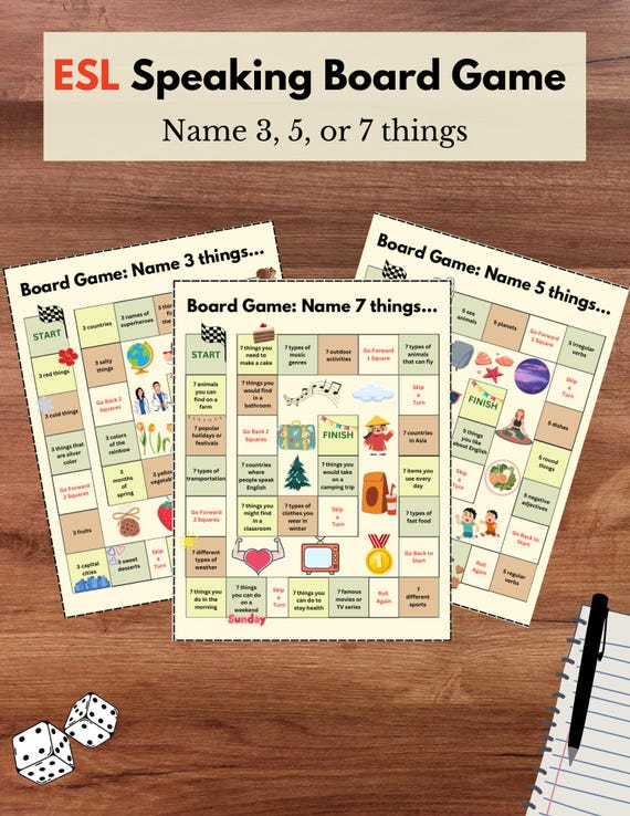 ESL Vocabulary Speaking Game A1-C2 | Name 3, 5, 7 things | Board Game | ESL Learning