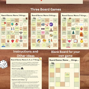 May include: A printable board game for kids to learn vocabulary. The game includes three different boards with instructions and a blank board to create your own game. The game is designed to help students learn vocabulary and quick-thinking skills.